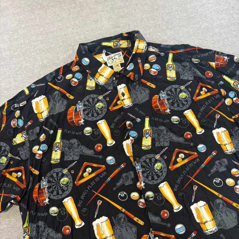 Big Dogs Mens 3X Rayon Billiards Darts Beer Novelty Print Button Down Shirt